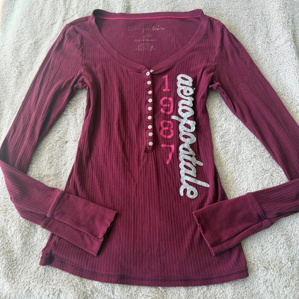 Aeropostale y2k Burgundy Long Sleeve Henley Top Logo Vintage Size L